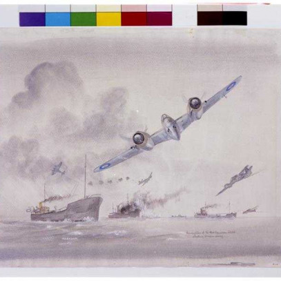 Représentation artistique (croquis en couleur) d'avions du 404e escadron attaquant des navires d’expédition allemands. Un avion est à l’avant-plan, d'autres sont au loin, au-dessus de gros navires de charge. De la fumée s’échappe d'un navire.