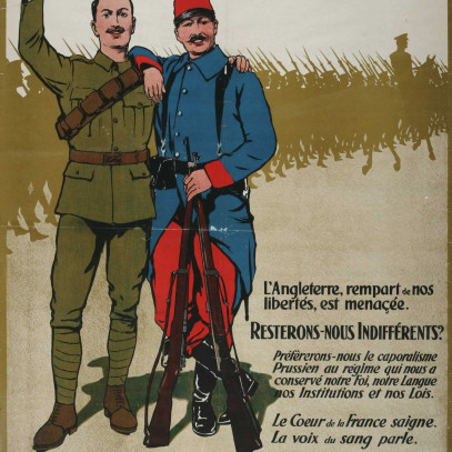 Affiche illustrée en couleur, en français - Deux soldats dont les uniformes sont traditionnellement associés aux forces françaises et anglaises par leurs couleurs se tiennent par l’épaule, affichant leur camaraderie.
