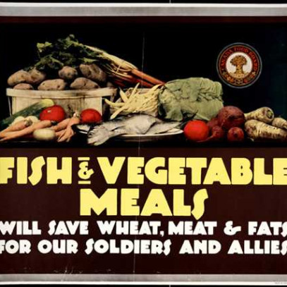 Affiche illustrée en couleur – Image d’une sélection de poissons et de légumes avec l’emblème de la Commission canadienne du ravitaillement