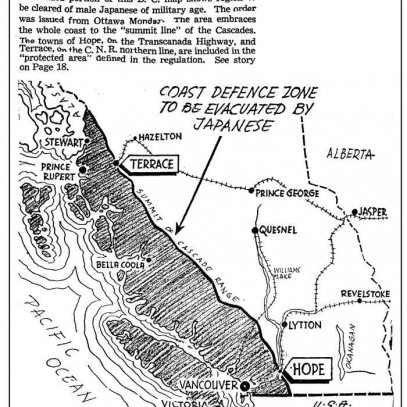 Carte tracée à la main en noir et blanc de la côte de la Colombie-Britannique; les flèches indiquent le territoire de la zone de défense dont les Canadiens japonais devaient être évincés.