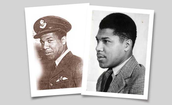 Plans du visage en noir et blanc – À gauche : un plan du visage d’Allan Bundy dans son uniforme de l’aviation. Ses ailes de pilote (brevet) sont clairement visibles. À droite : une photo civile d'Allen en tenue civile.