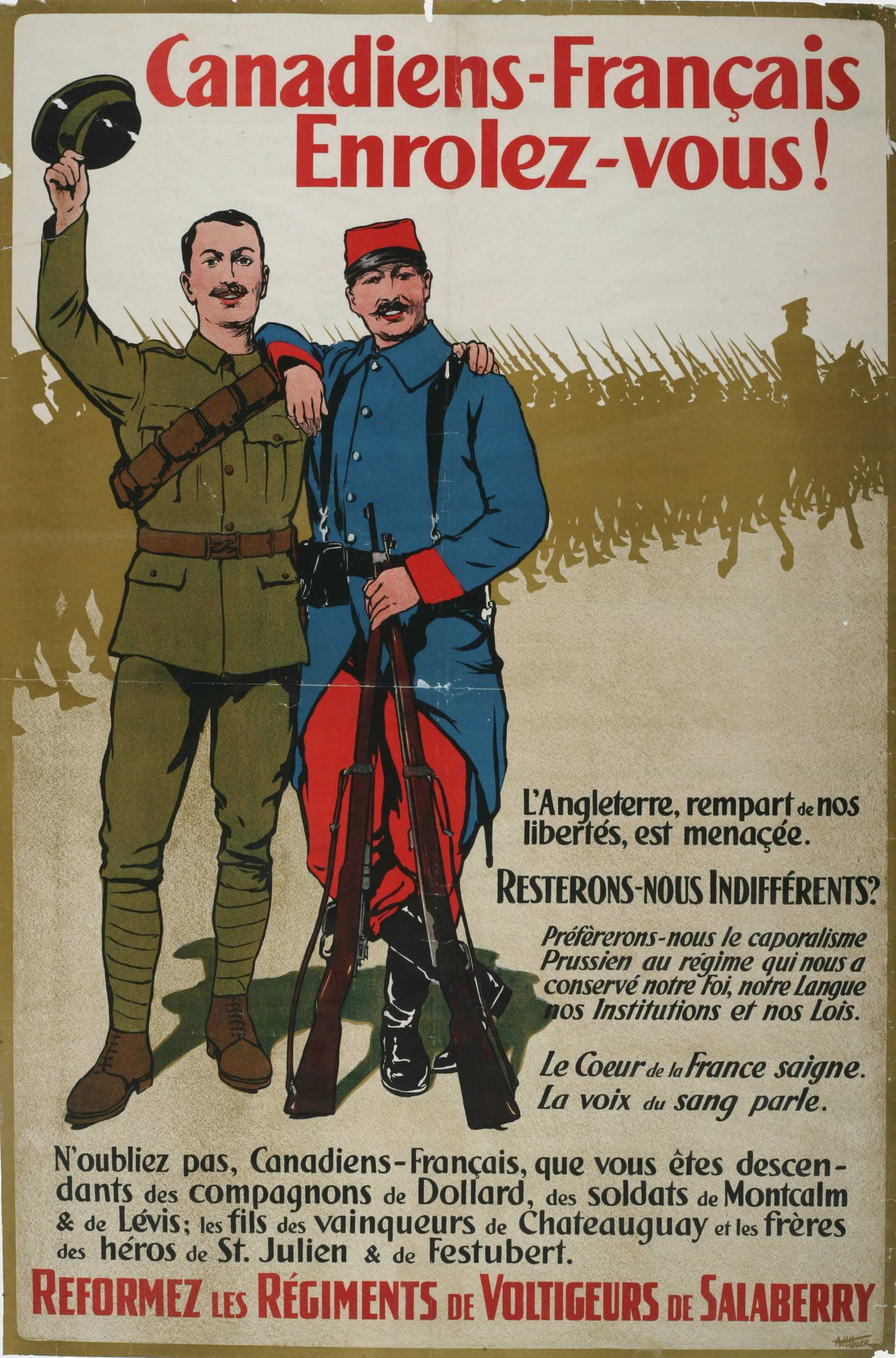 Affiche illustrée en couleur, en français - Deux soldats dont les uniformes sont traditionnellement associés aux forces françaises et anglaises par leurs couleurs se tiennent par l’épaule, affichant leur camaraderie.