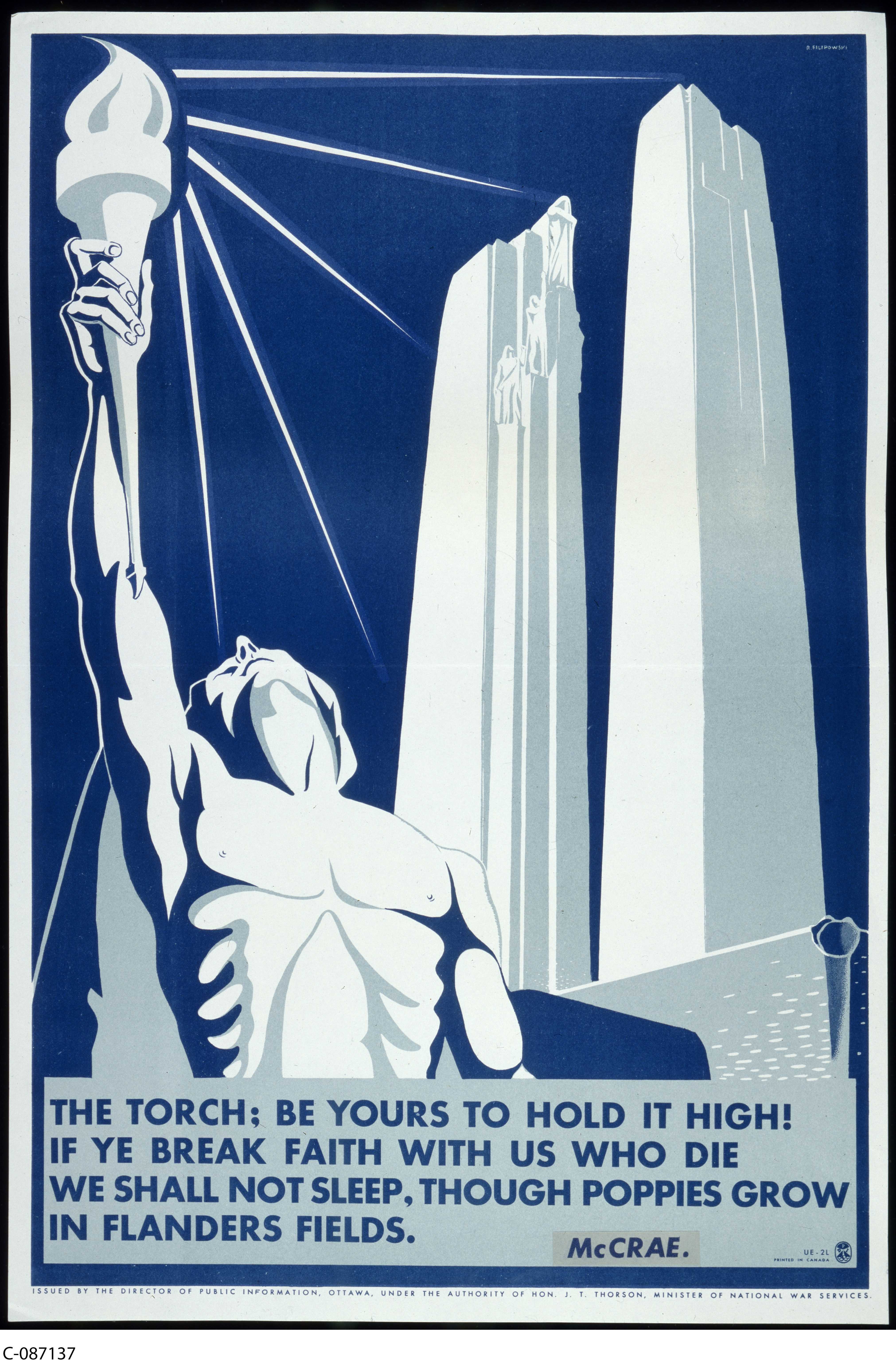 Affiche illustrée en bleu et blanc. Les piliers du Mémorial de Vimy à droite; un homme torse nu, les bras tendus vers le ciel, tient un flambeau allumé, d’où s’échappent des faisceaux de lumière.