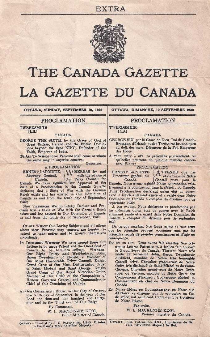 Copie d'archives de la déclaration bilingue qui a été publiée dans la Gazette du Canada