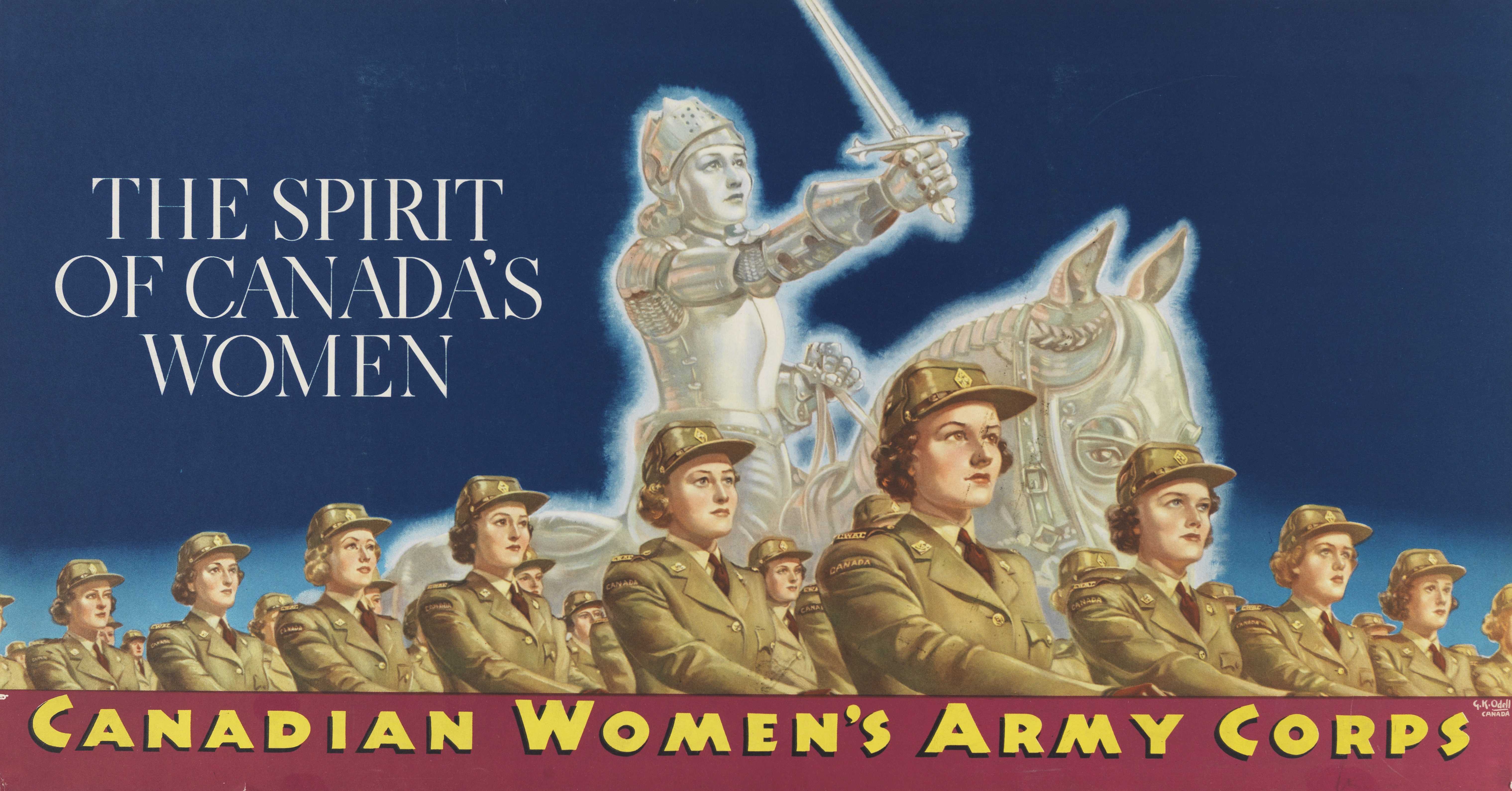 Affiche illustrée en couleur – Des femmes en uniforme défilent en rangées. L’héroïne française Jeanne d’Arc apparaît lumineuse derrière elles, à dos de cheval, brandissant son épée vers le ciel.