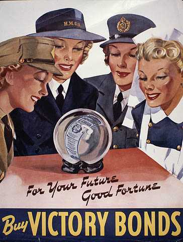 Affiche illustrée en couleur – Quatre femmes et une boule de cristal montrant une obligation de la Victoire;  uniformes : Service féminin de l’Armée  (kaki), Service féminin de la Marine (bleu marine), Service féminin de l’Aviation (SFARC) et infirmière.