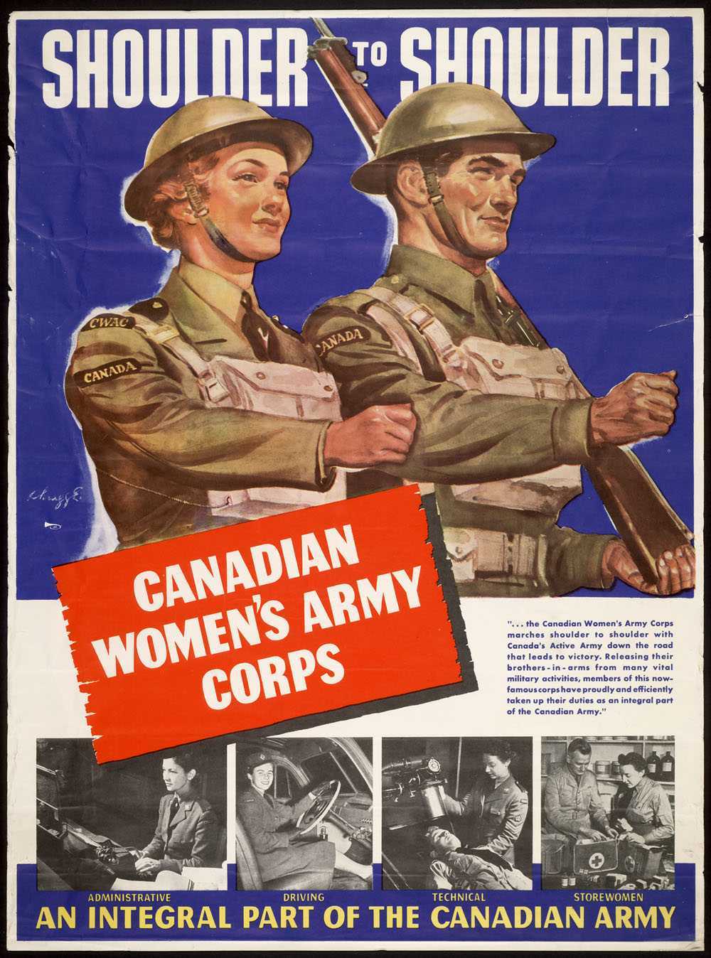 Affiche illustrée en couleur – Un homme et une femme tous deux en uniforme militaire défilent côte à côte. Lui seul porte une arme. Figurent ci-dessous quatre photos montrant différents rôles confiés à une femme militaire (outre le combat).