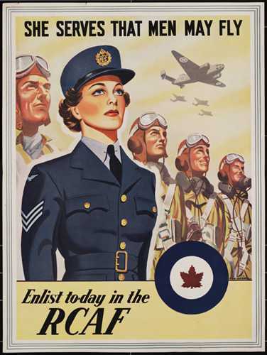 Affiche illustrée en couleur – Une femme à l’avant-plan et des hommes à l’arrière-plan, portant des uniformes de l’Aaviation royale du Canada et regardant vers le ciel.