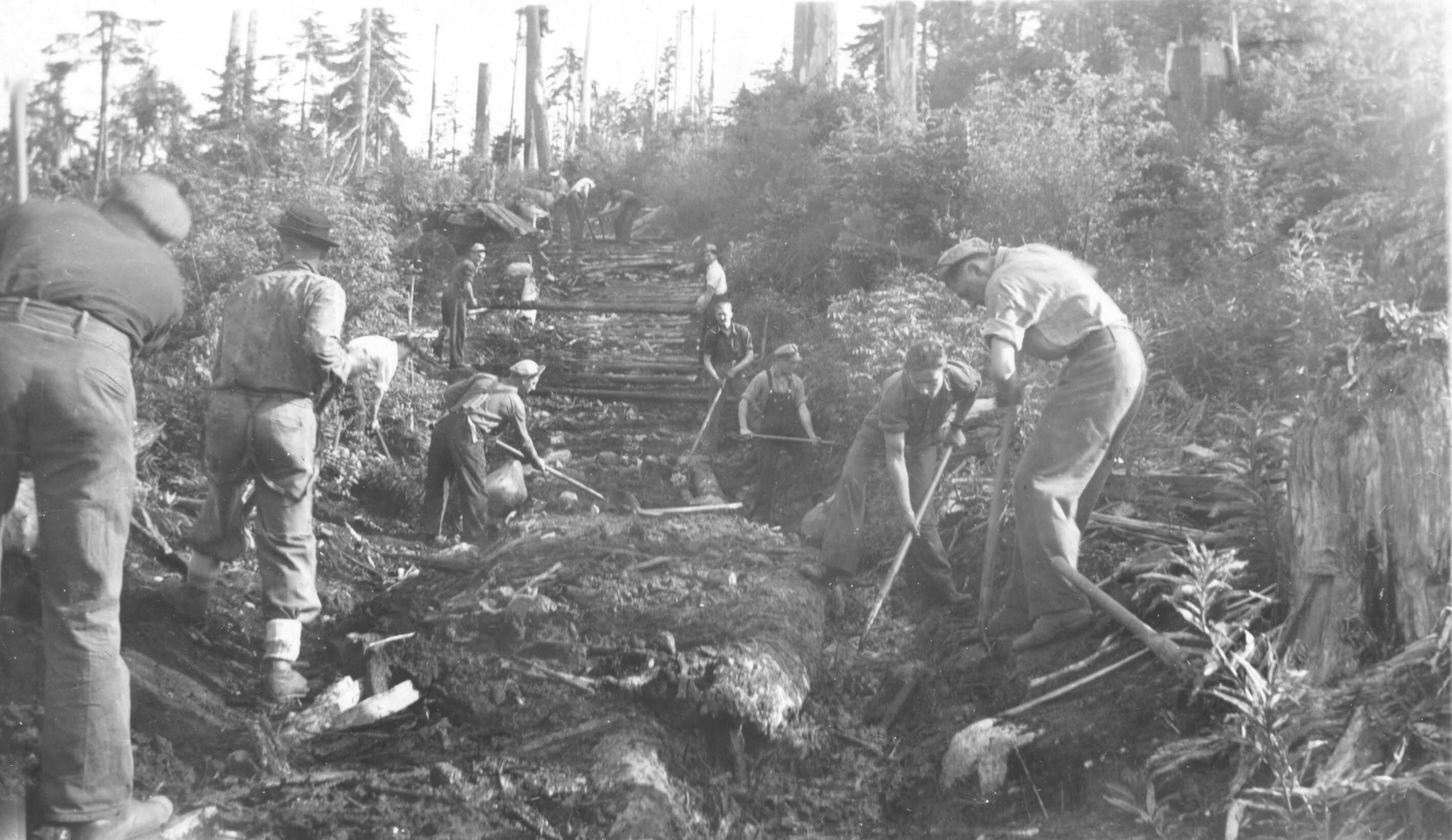 Photographie en noir et blanc – Des hommes sont photographiés en train de défricher un sentier à travers une forêt pour construire une route.