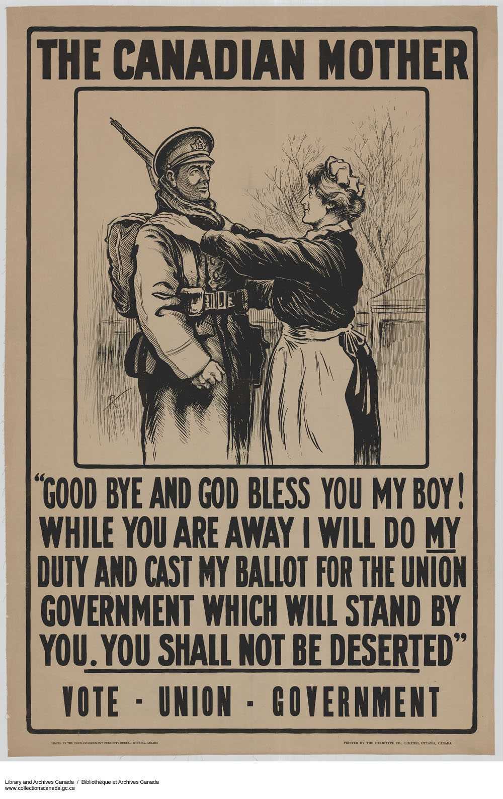 Illustration en noir et blanc, arrière-plan sépia. Une femme d'âge mur en tablier pose les mains sur l’épaule d’un soldat; elle le regarde avec admiration.