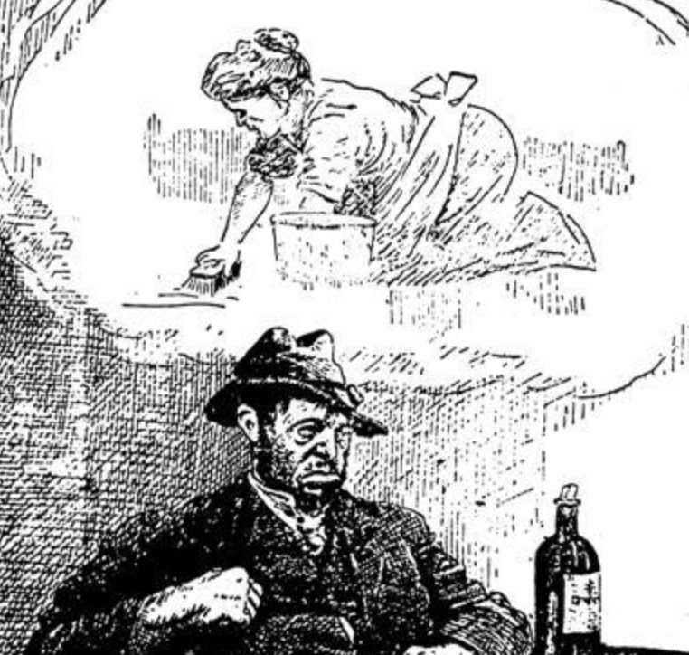 Illustration en noir et blanc. Un type à la mine patibulaire, sur fond sombre, est affaissé sur une chaise devant une grosse bouteille d'alcool. Dans une bulle-réflexion au-dessus de lui, une femme récure le plancher à genoux, sur fond blanc.