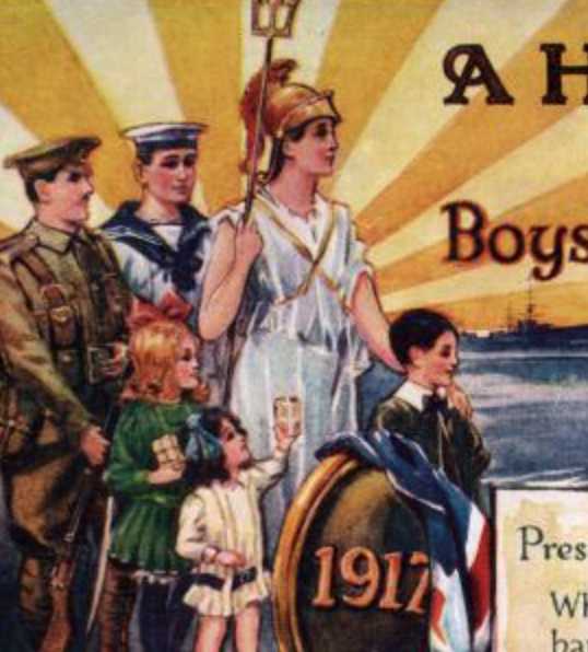 Des enfants posent avec la mère patrie, un soldat et un marin observant des scènes de guerre. Un grand bouclier circulaire arbore la date (1917). Des scènes de guerre sont visibles à l’arrière-plan.