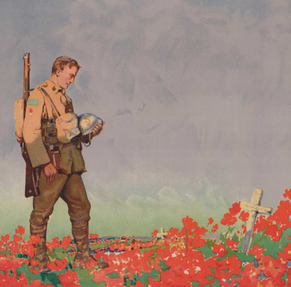 Affiche illustrée en couleur – Un soldat tient son casque entre ses mains en abaissant le regard sur une tombe seule. Il se trouve dans un champ de coquelicots. Un petit village est visible à l’arrière-plan.