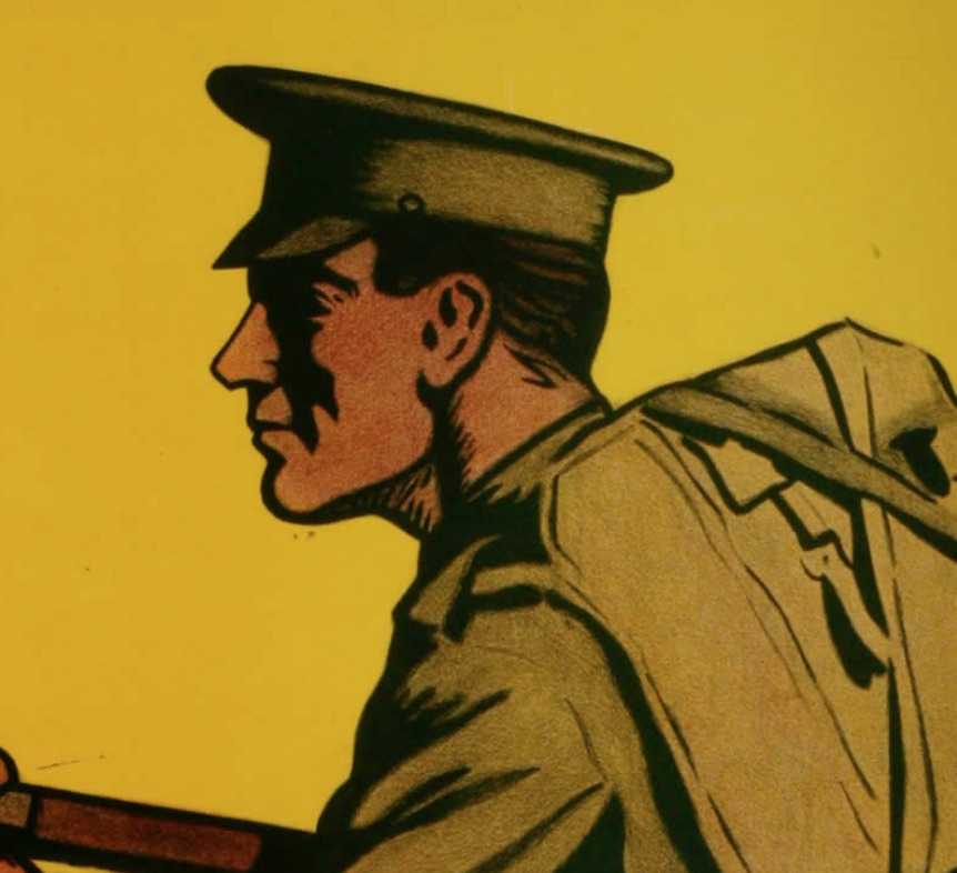Affiche illustrée en couleur – Moitié supérieure : Un soldat pointe une arme munie d’une baïonnette. Moitié inférieure : Un homme dans une usine dépose de l’argent dans une boîte indiquant « The Canadian Patriotic Fund (Fonds patriotique canadien).