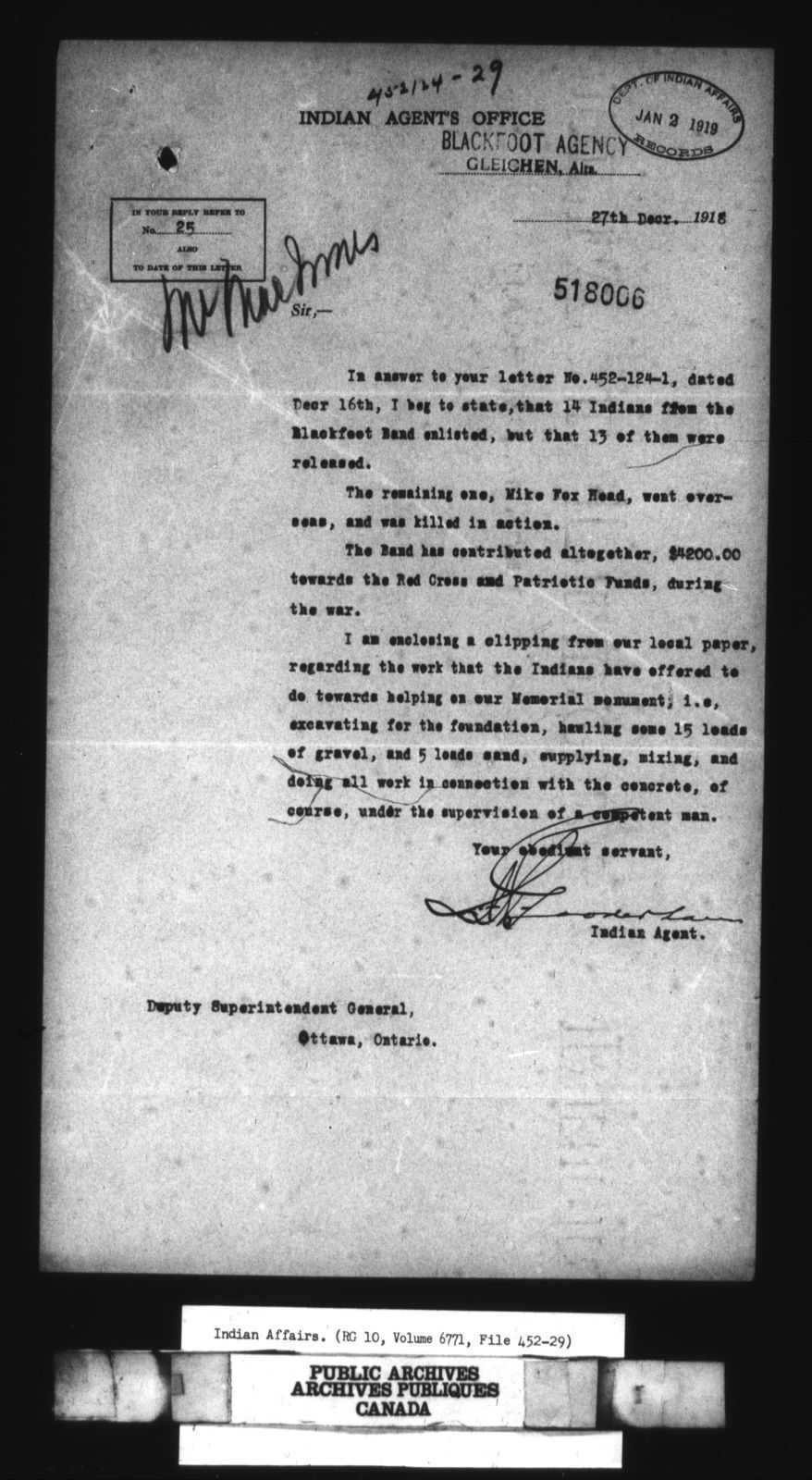 Lettre dactylographiée d’un agent des Indiens à Ottawa, précisant les contributions autochtones locales à la Première Guerre mondiale et les efforts de commémoration.