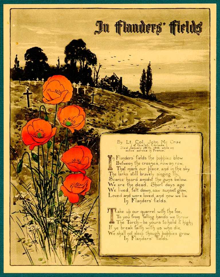 Une copie illustrée du poème de John McCrae, « In Flanders Fields » (Au champ d’honneur). Des coquelicots et des croix entourent le texte.
