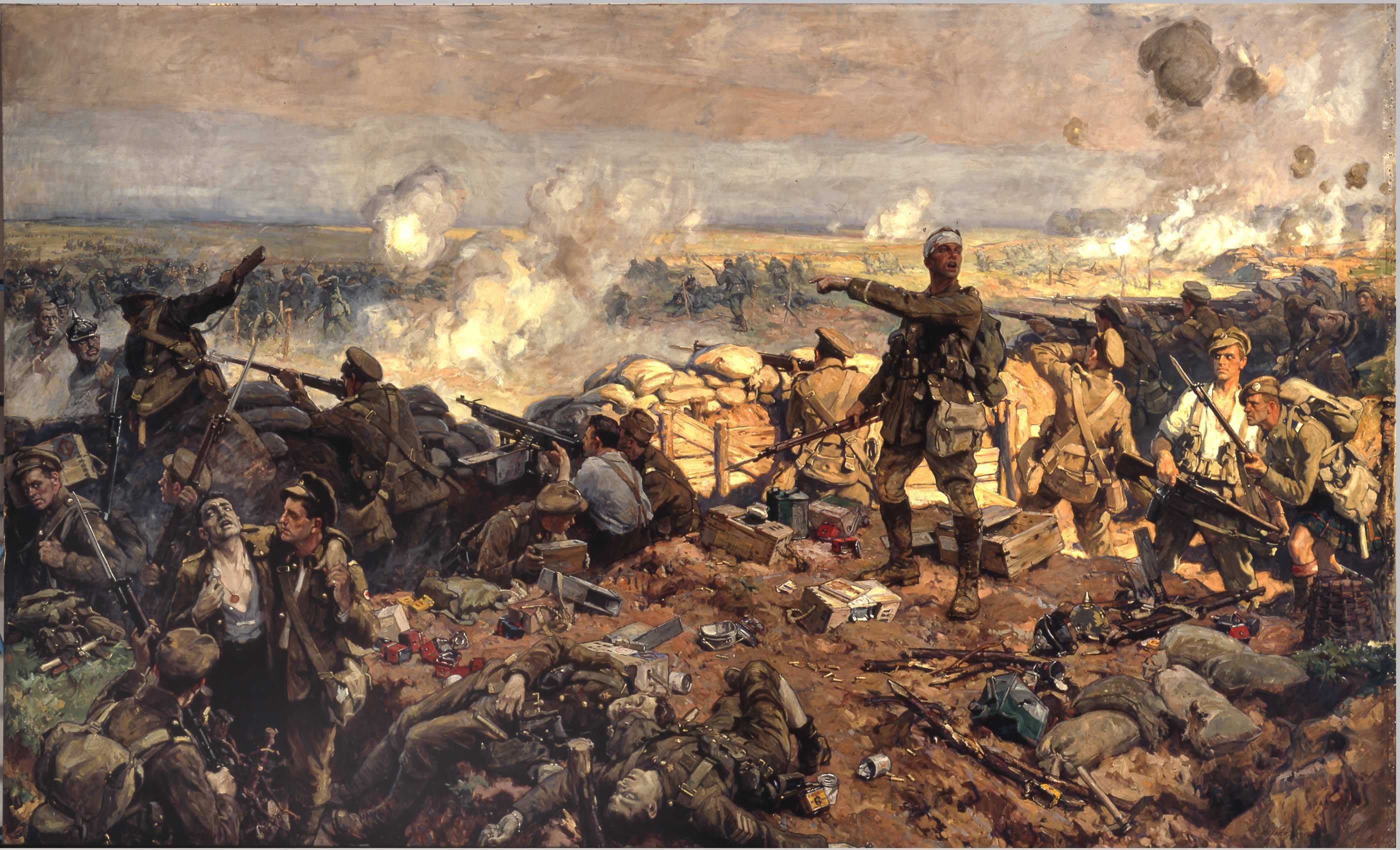 Le tableau de Richard Jack représente une scène de bataille à Ypres en tons de jaune. On y aperçoit des soldats canadiens en train de se battre dans les tranchées boueuses et remplies de gaz, et y mourant.