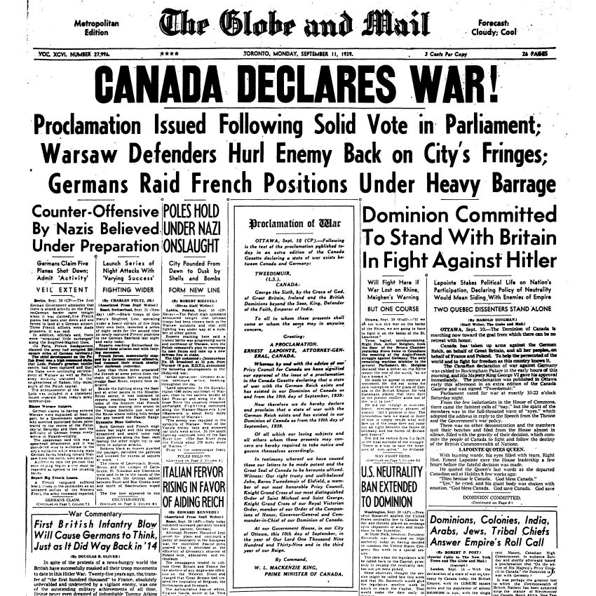 Une du journal anglophone The Globe and Mail – La déclaration de guerre du gouvernement apparaît au centre de la page.