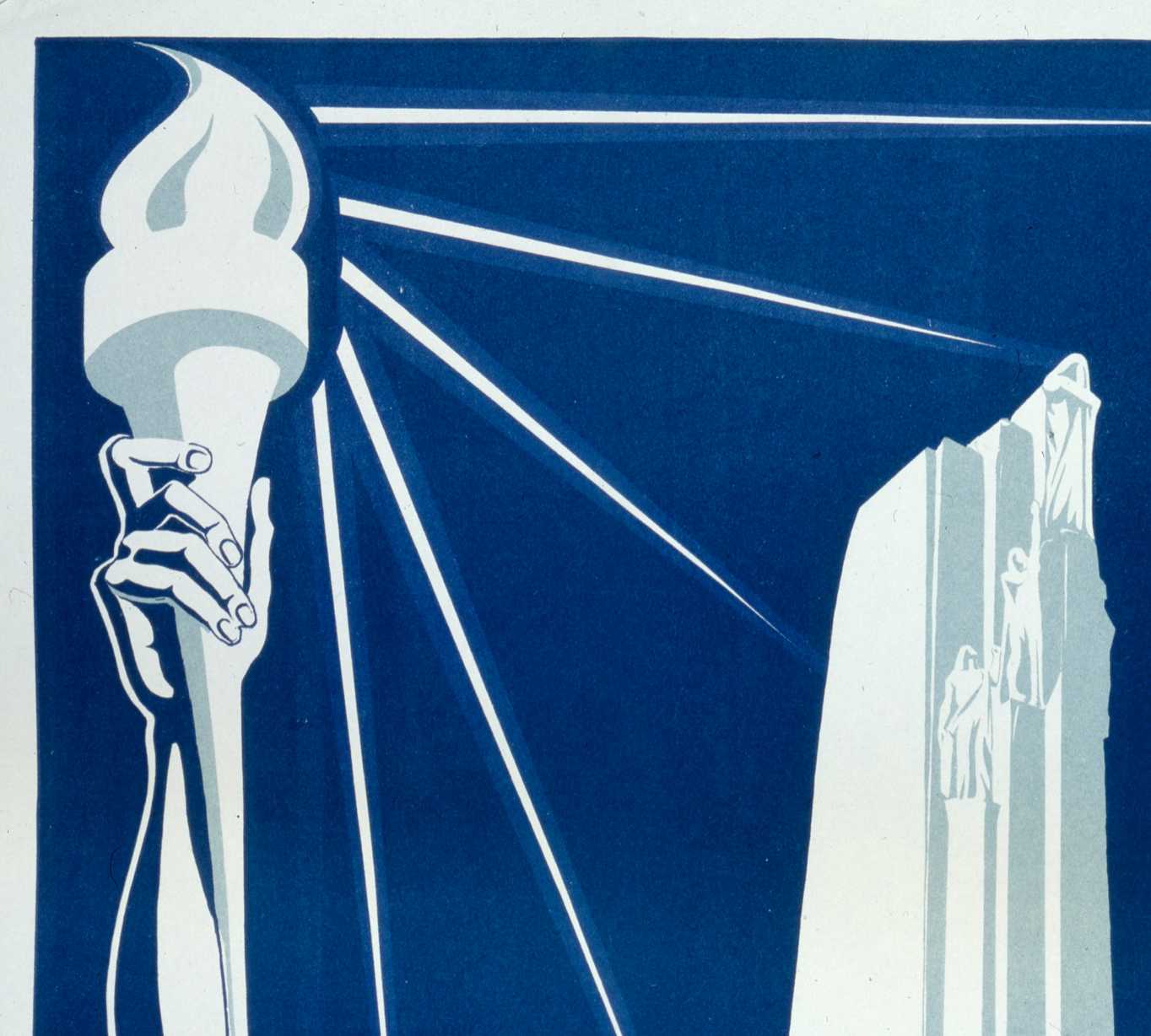 Affiche illustrée en bleu et blanc. Les piliers du Mémorial de Vimy à droite; un homme torse nu, les bras tendus vers le ciel, tient un flambeau allumé, d’où s’échappent des faisceaux de lumière.