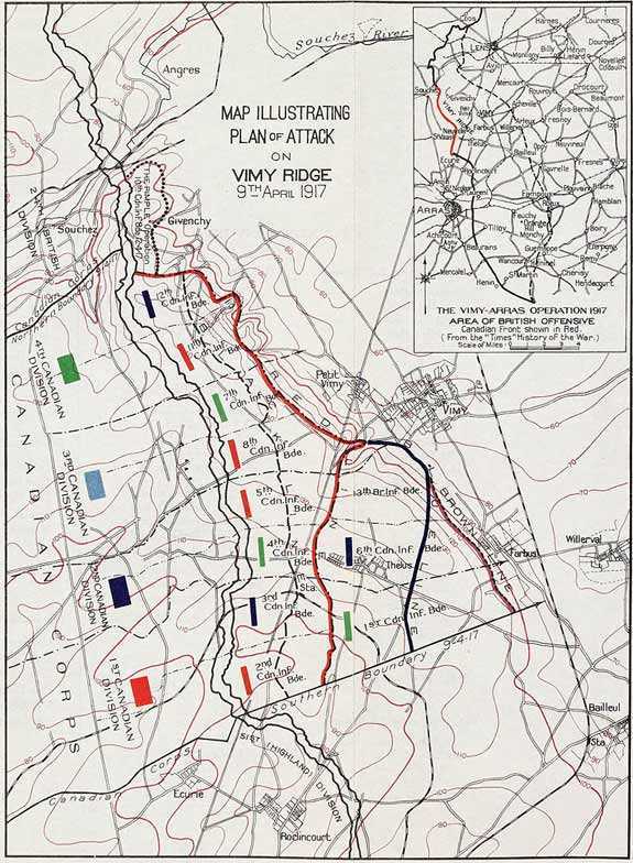 Carte topographique de la crête de Vimy qui présente la division des fronts canadiens au moyen de codes de couleur pour distinguer les différentes unités